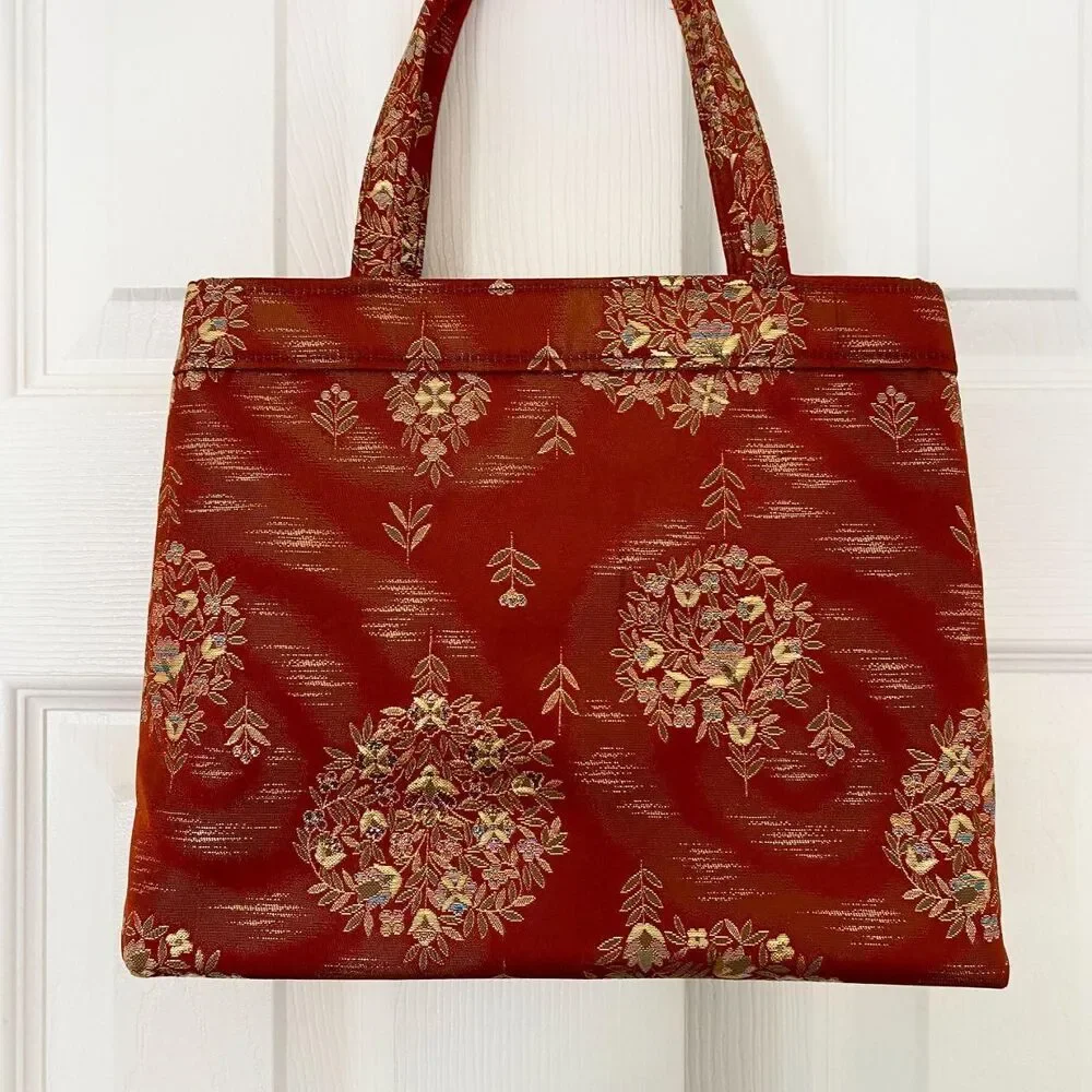 Vintage 90s Asian Boho Retro Orange Gold Top Handle Tapestry Mini Bag